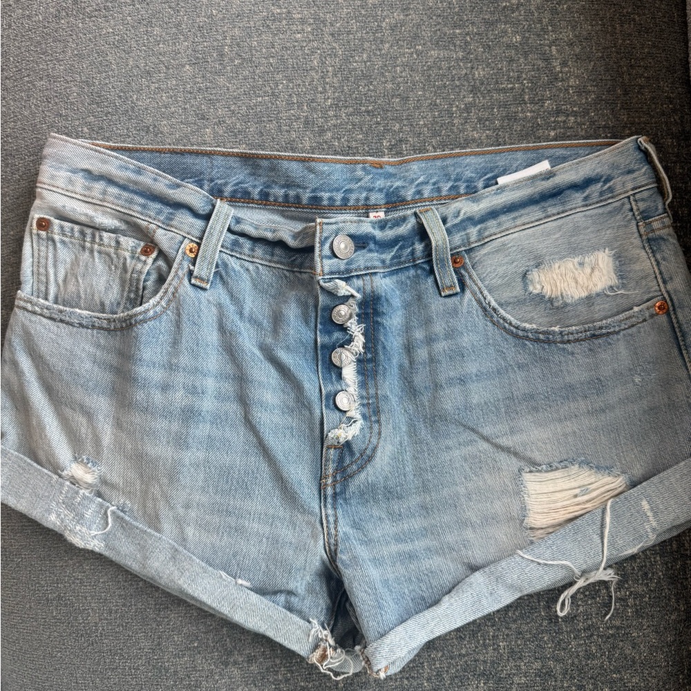 Levi's Light Blue Distressed Button-Fly Denim Shorts